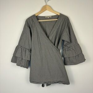 Black and White Micro Gingham True Wrap blouse size L ruffle sleeves